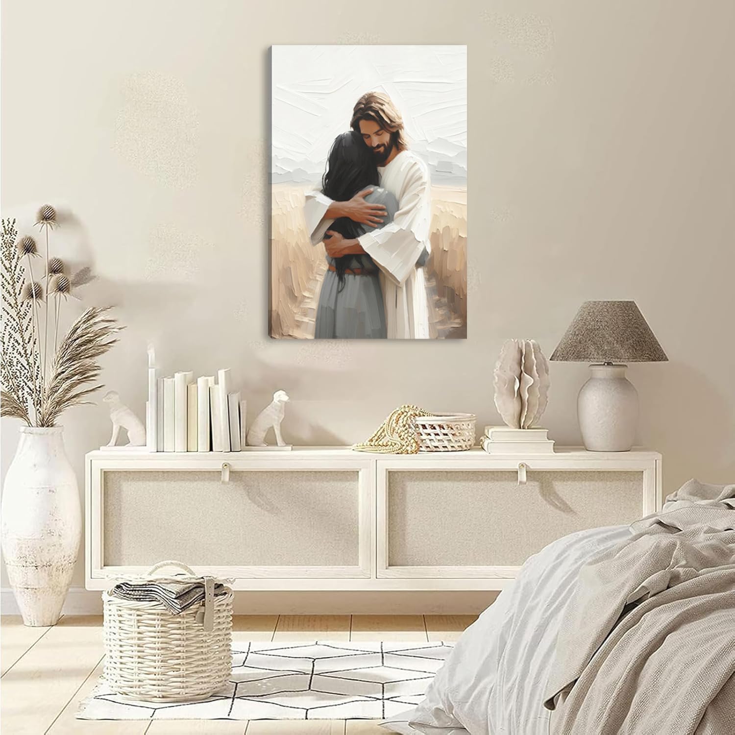 Jesus Hugging Women Canvas Wall Art Christian Healing Safe in His Arms Painting Poster Jesus Embracing Girl Picture for Wall Decor Living Room Church Bedroom Home Decoration 16*24 in (Stretched Canvas on A Wooden Frame)