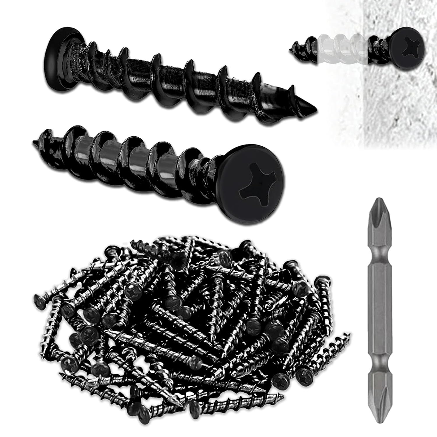 Drywall Anchors with Screwdriver Bit Included, 1/4 x 1-1/2 Inch Black Coated Pan Head Alloy Steel, 100-Pack Heavy Duty Wall Anchors for Drywall, Wood & Masonry Materials