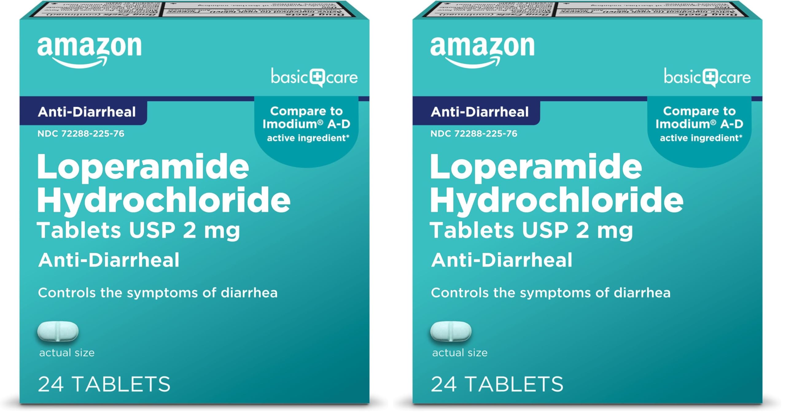 Amazon Basic Care Loperamide Hydrochloride Tablets,2 mg,Anti-Diarrheal,(Packaging May Vary),24 Count (Pack of 2)