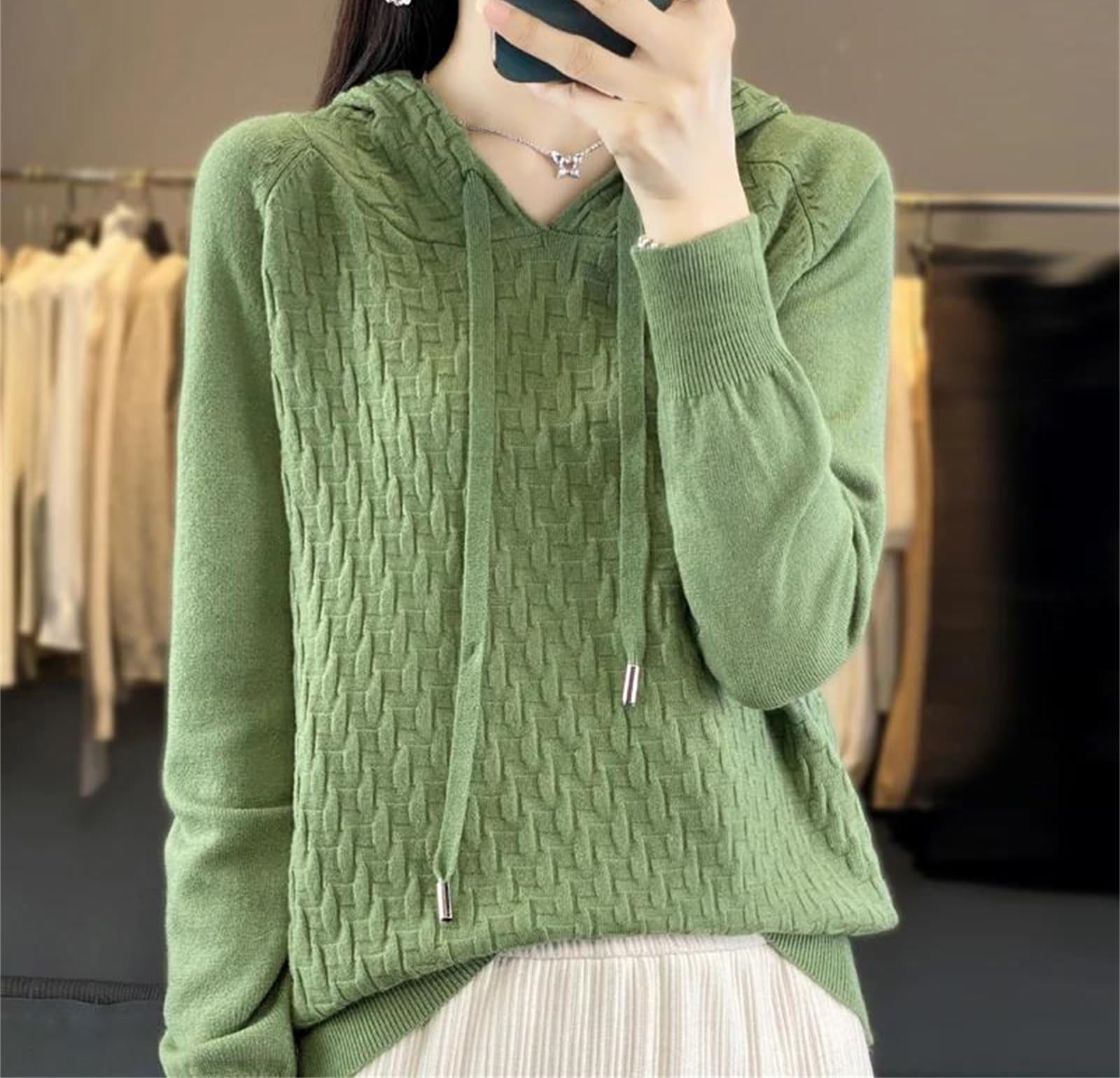 Yeuyyben Maglione da donna in misto lana Outwear camicia con cappuccio colletto pullover invernale fondo casual maglia top, Marrone e grigio., L