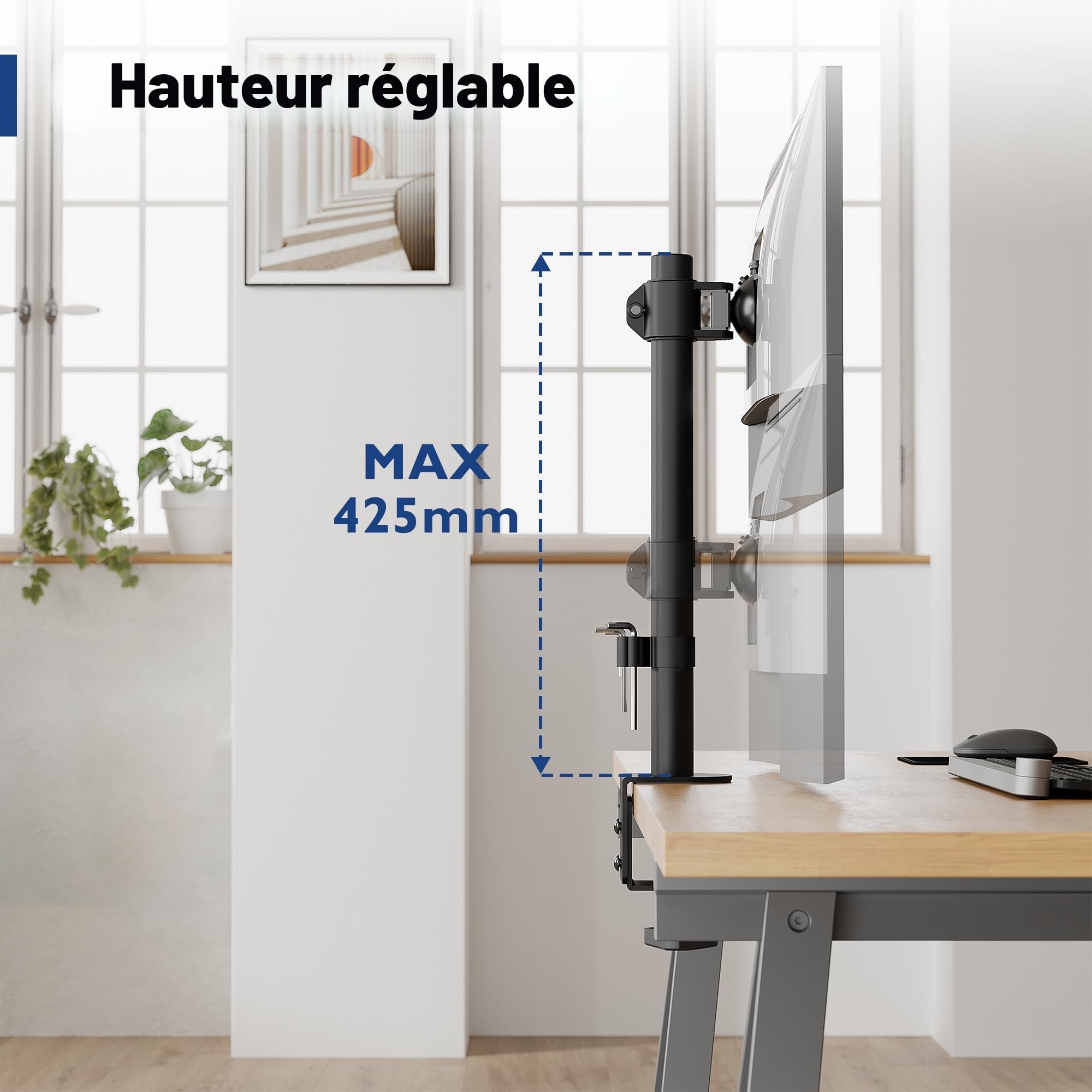 BONTEC Support Écran PC Réglable en Hauteur 425 mm, 10 kg, VESA 75/100, Rotation 360°, Inclinaison +/-15°, Double Montage