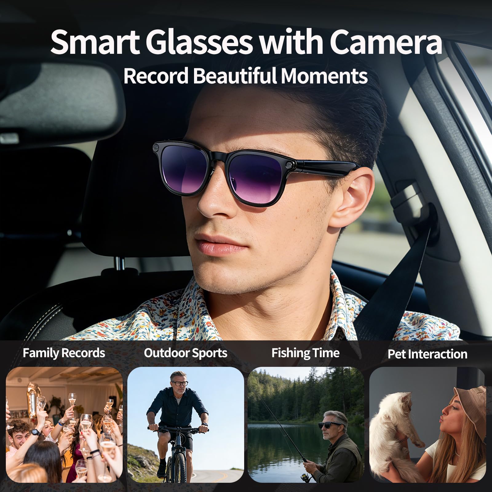 Lunettes intelligentes AI avec caméra 4K, lunettes Bluetooth anti-secousses de 8 MPW, enregistrement vidéo 1080p, réduction du bruit, traduction en temps réel et interprétation simultanée