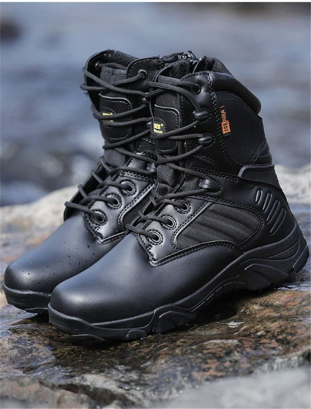 Wcxixo Men's Military Tactical Boots,Lightweight Breathable Military Tactical Desert Boots,Full Grain Leather Police Duty Water Resistant Boots with Side Zipper