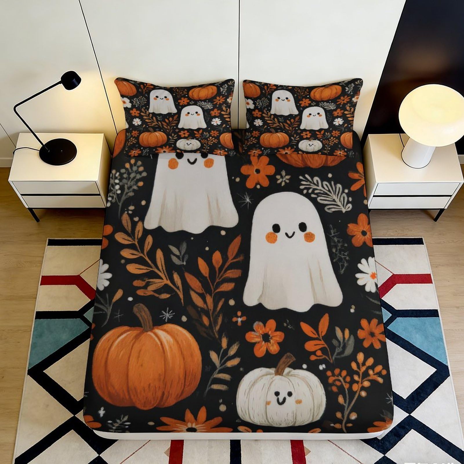 3D Printed Halloween Ghost Pumpkin Fitted Sheet Microfiber Soft Decor Bed Cover for Bedroom Guest Room Protection 90x200x25cm