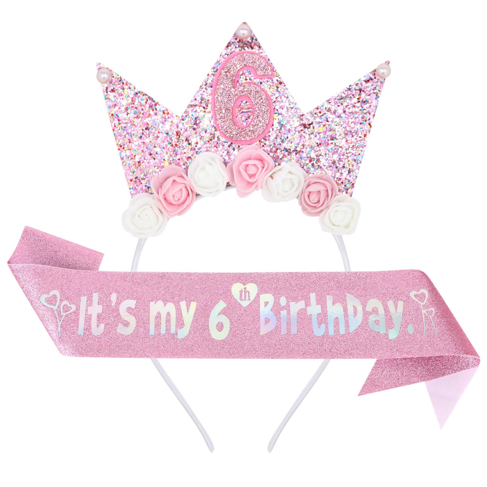 YARIEW 6th Birthday Decorations, 6th Birthday Headband and Glitter Sash Kit, Tiara Flower Princess Crown Headband for Party Favors Outfit