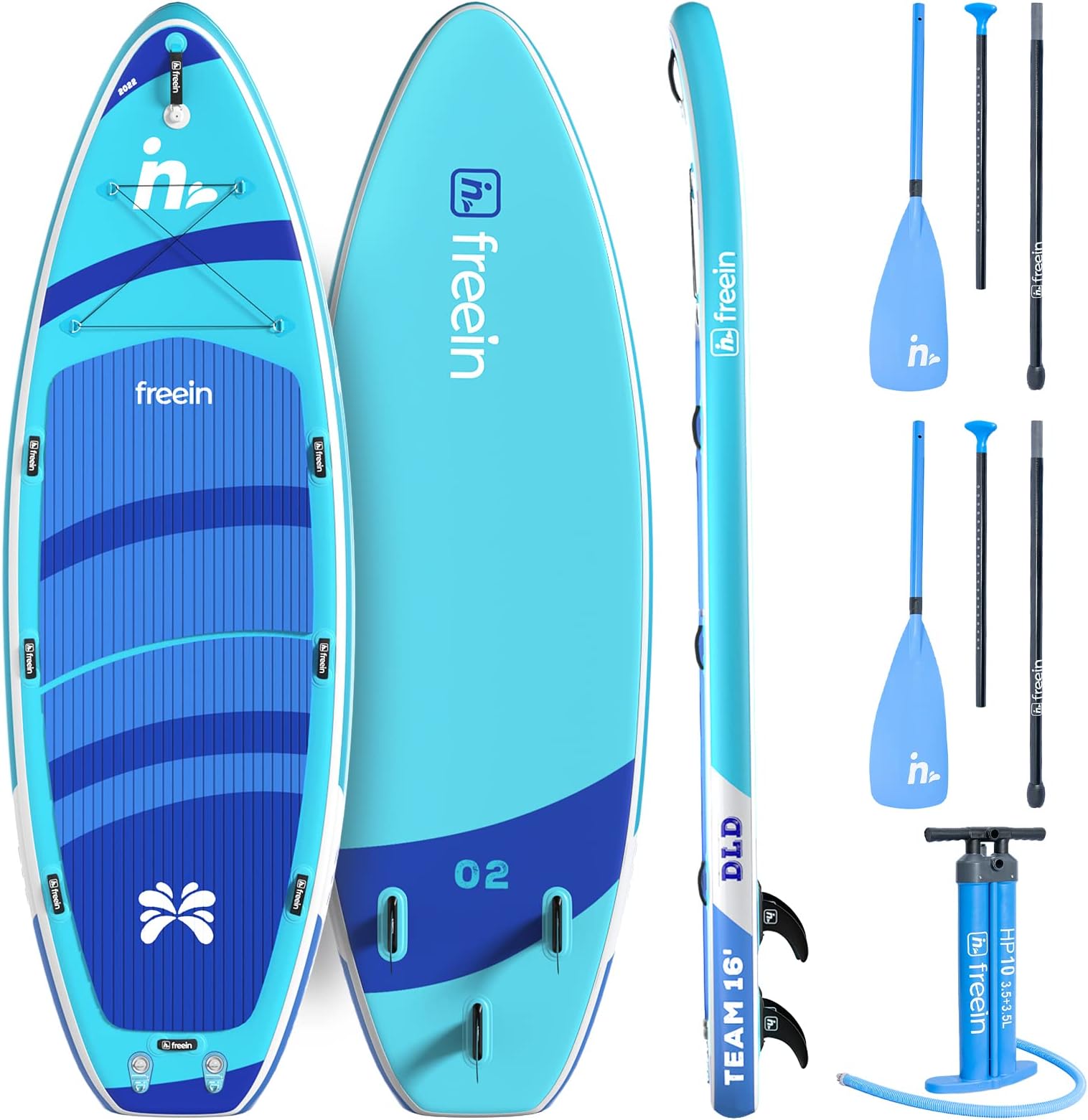Freein 14’/15’/16’ Inflatable Team SUP, Extra Large Stand Up Paddle Board for Multi Person, Dual-action Hand Pump, Adjustable Paddle, Complete Kit