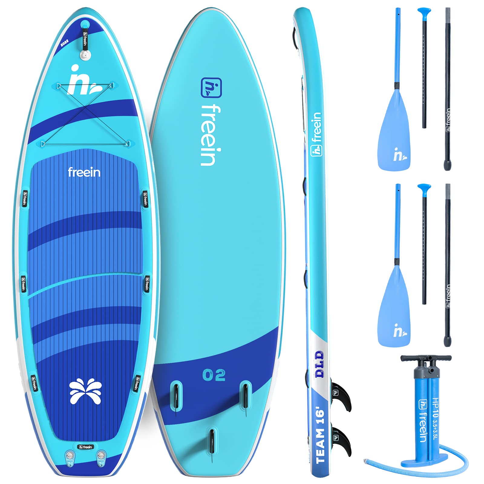 Freein 14’/15’/16’ Inflatable Team SUP, Extra Large Stand Up Paddle Board for Multi Person, Dual-action Hand Pump, Adjustable Paddle, Complete Kit