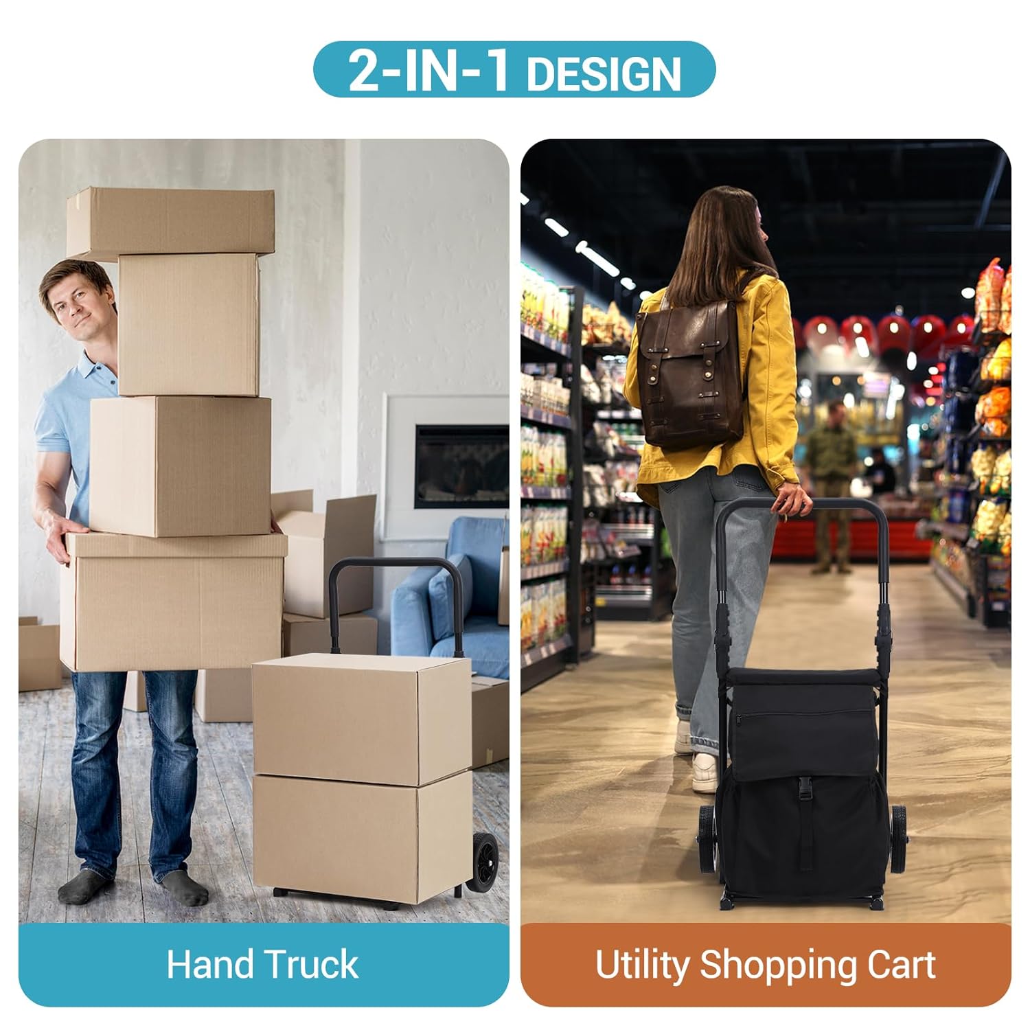 2-in-1 Foldable Grocery Cart with Seat, Portable Utility Cart & Hand Truck, 32.5 Gal Removable Waterproof Bag, Heavy Duty Collapsible Shopping Trolley, 132 lbs Capacity, Black