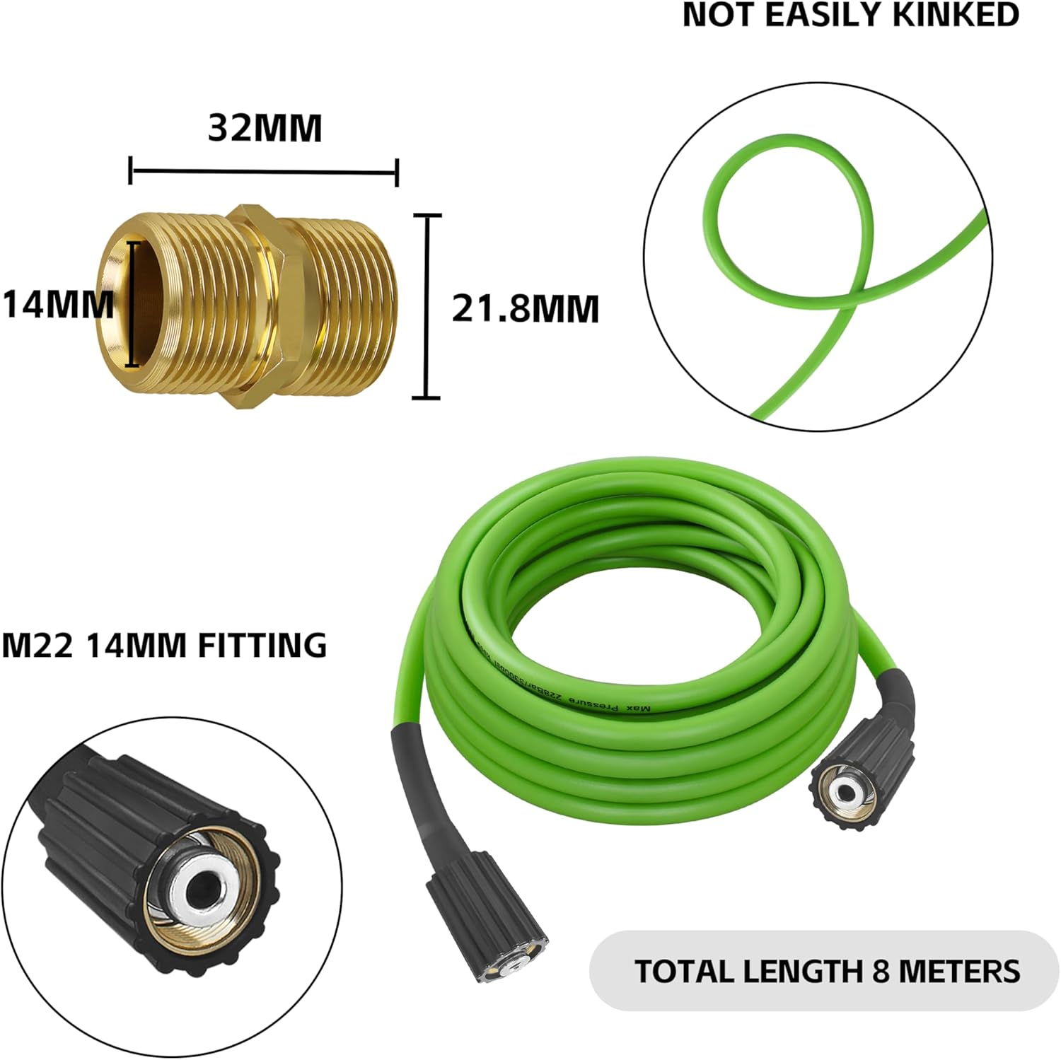 Pressure Washer Hose for Power Washer, Replacement Ryobi Power Wash Hose and Greenworks 5200402 Power Wash Hose，M22 Female & 3/8" Quick Connect Adapters (Pressure Washer Hose 50FT)