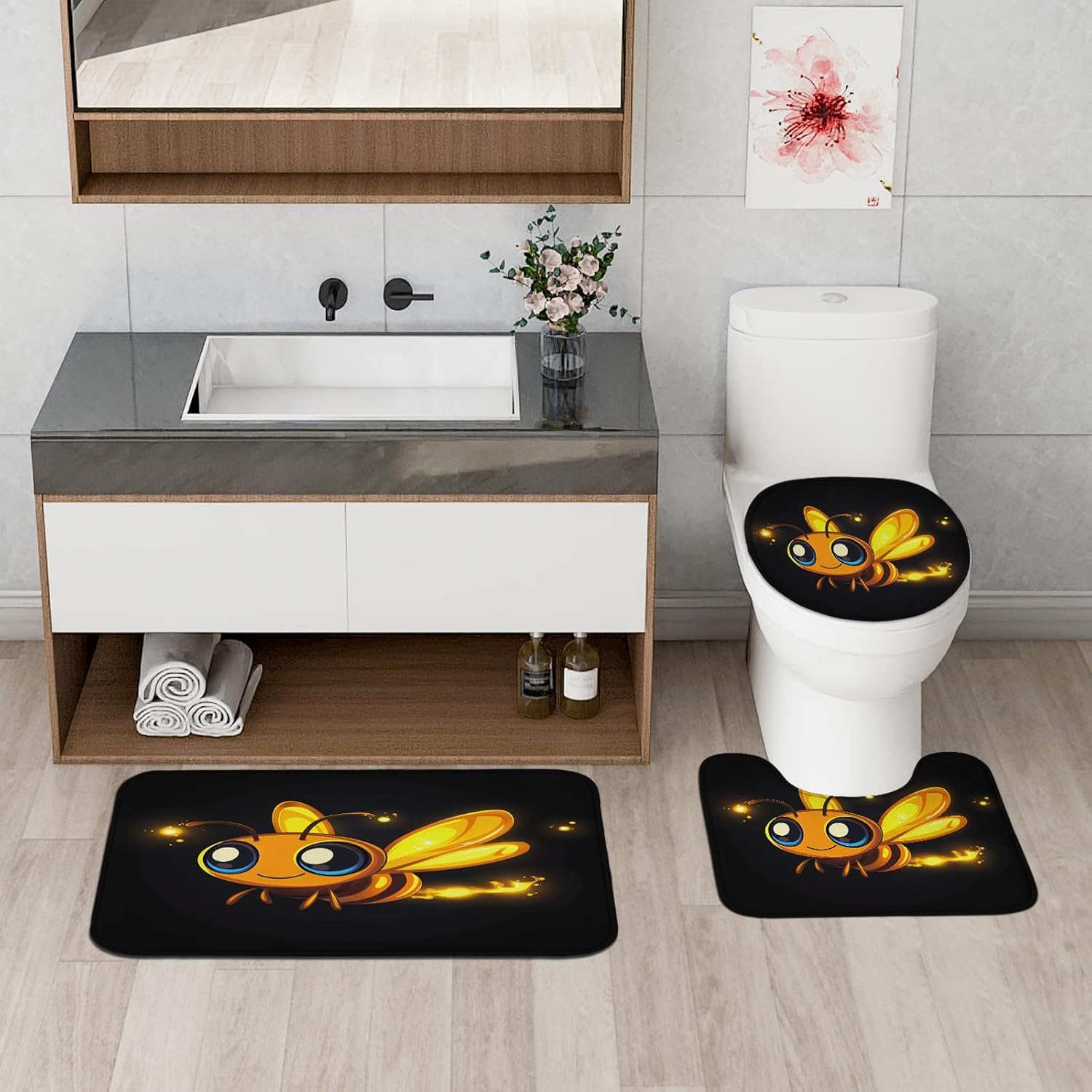 4PCS Kids Fun Firefly Bathroom Sets, Bath Accessory with Non-Slip Rug, U Shape and Toilet Lid Cover Mat, Cute Cartoon Insect Bathroom Decor-72''x72''