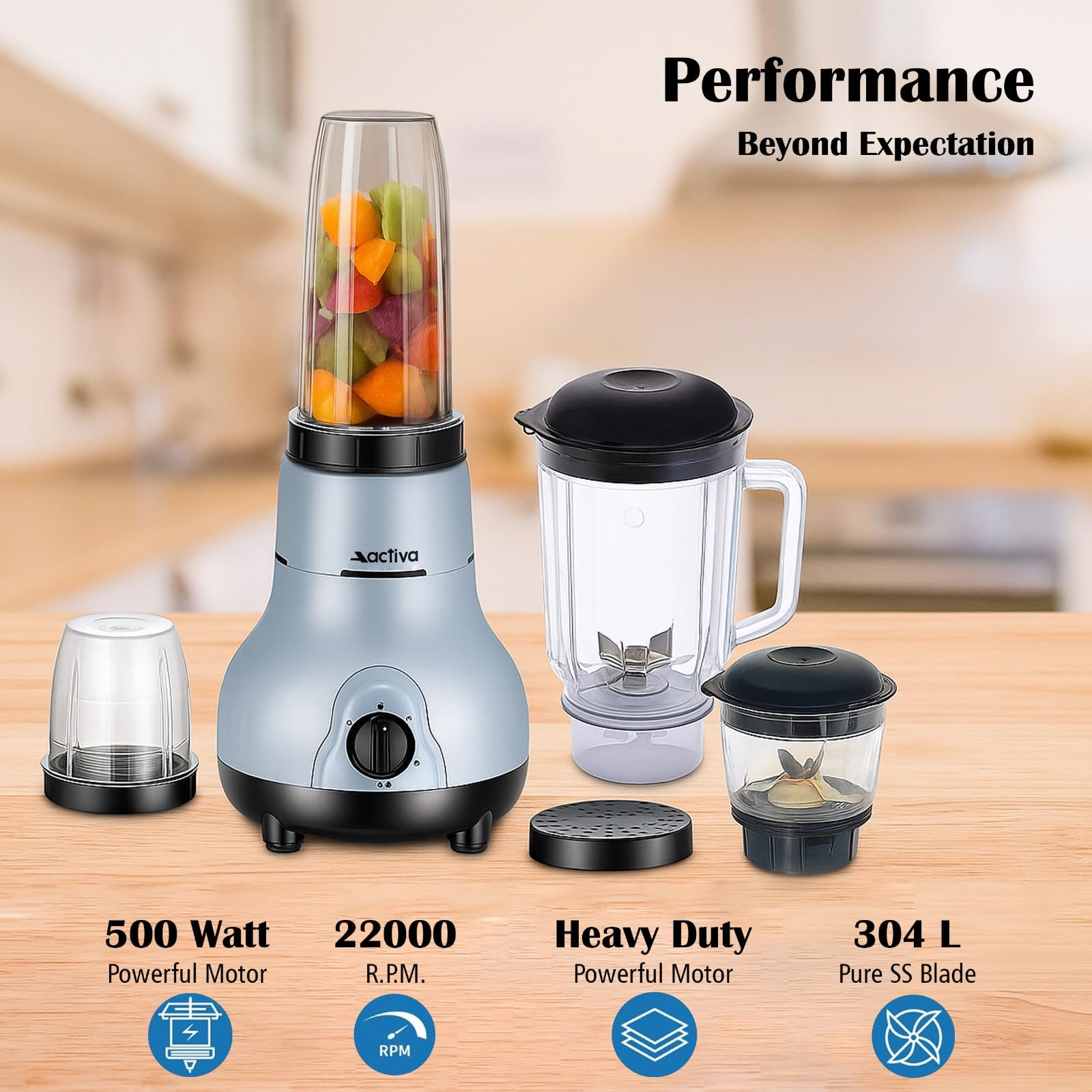 ACTIVA Mixer Grinder 4 Jar Easy Mix Nutri 500 Watt 22000 RPM Motor Speed For Smoothies, Chutney & Shakes, Long Lasting Shock Proof Abs Body, Powerful Heavy Duty Motor Grey