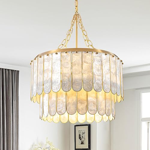 5-Light Chandelier Shell 2 Tiered Faceted Gold Chandeliers for Dining Room Modern Pendant Lighting