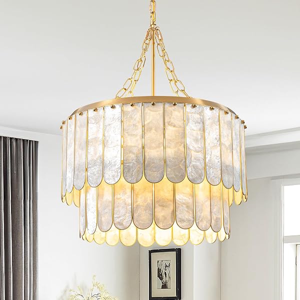 Weibath Modern 5-Light Shell Chandelier, 2-Tiered Faceted Pendant Light with Gold Metal Frame, E26 Lighting Fixture for