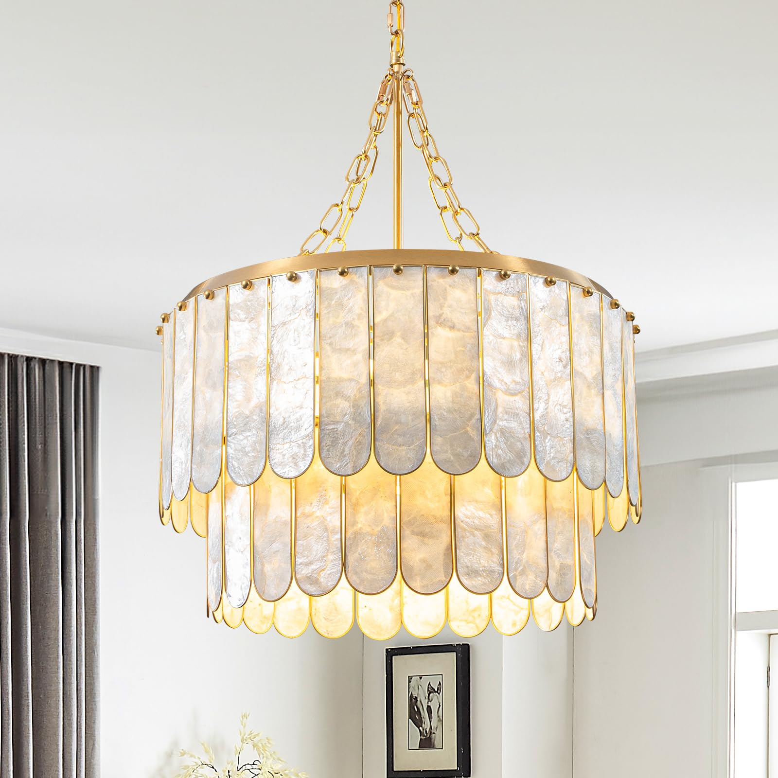Weibath Modern 5-Light Shell Chandelier, 2-Tiered Faceted Pendant Light with Gold Metal Frame, E26 Lighting Fixture for Dining Room, Bedroom, Living Room