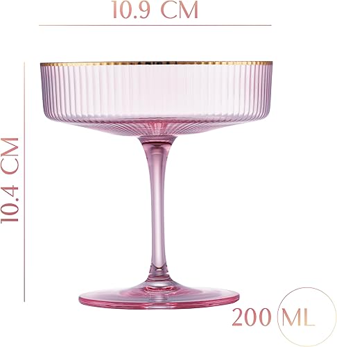 Miniatura 2 de GLASSIQUE CADEAU Vasos vintage Art Deco Blush Pink Coupé con bordes dorados  Juego de 4  Cristalería de cóctel acanalada de cristal de 7 onzas para