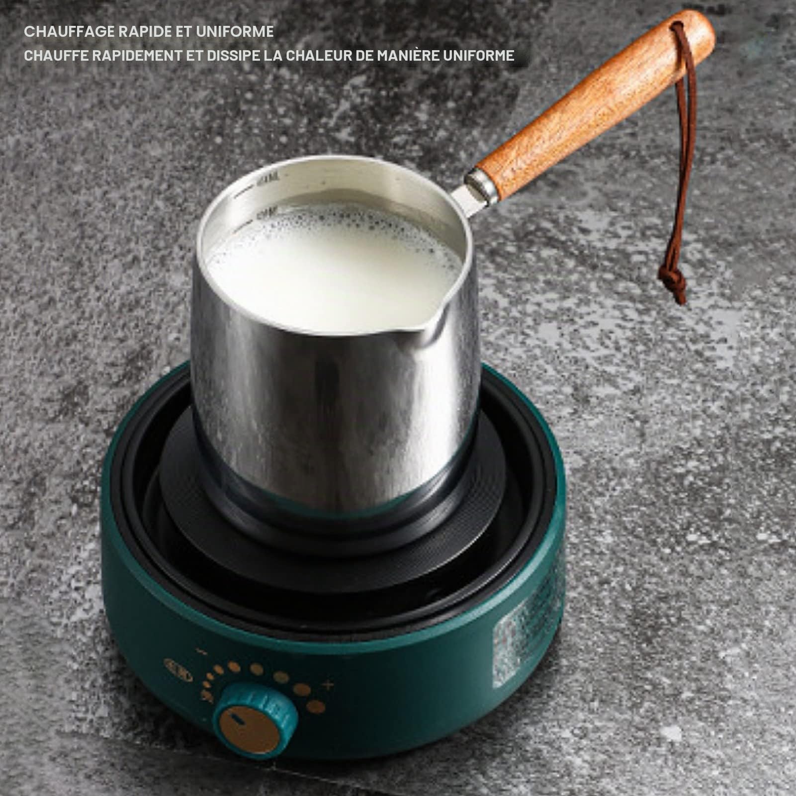Casserole à Lait avec Bec Verseur, Chauffe-Beurre en Acier Inoxydable 450 ml, Mini Pot à Lait pour Café au Beurre, Compatible Induction, Gaz, Électrique, Poignée en Bois