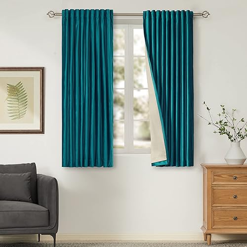 Cortinas 100% opacas de terciopelo verde azulado de 63 pulgadas de largo para sala de estar, juego de 2 paneles de forro con bolsillo para barra,