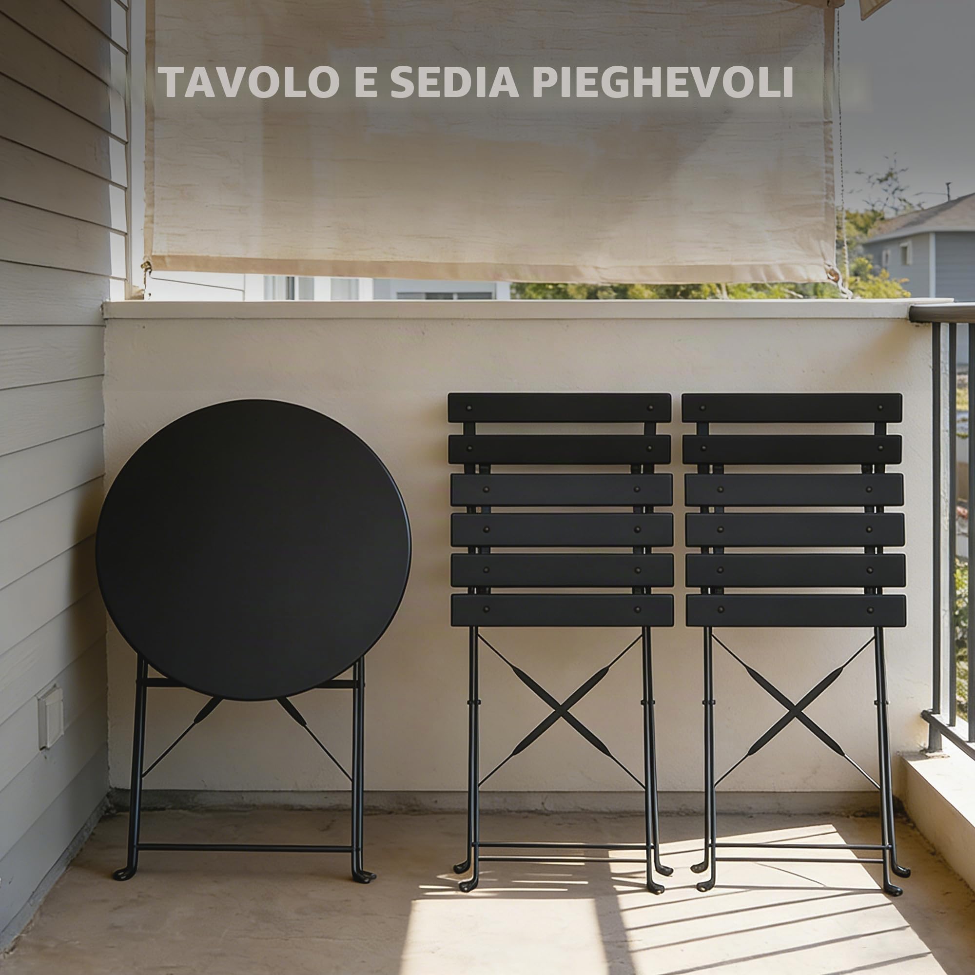 Grand patio Set Bistrò Veranda, 1 Tavolo e 2 Sedie, Ripiegabile, Set da Balcone, Struttura in Metallo, salvaspazio, Set arredo Giardino per Balcone, Esterno (Nero)