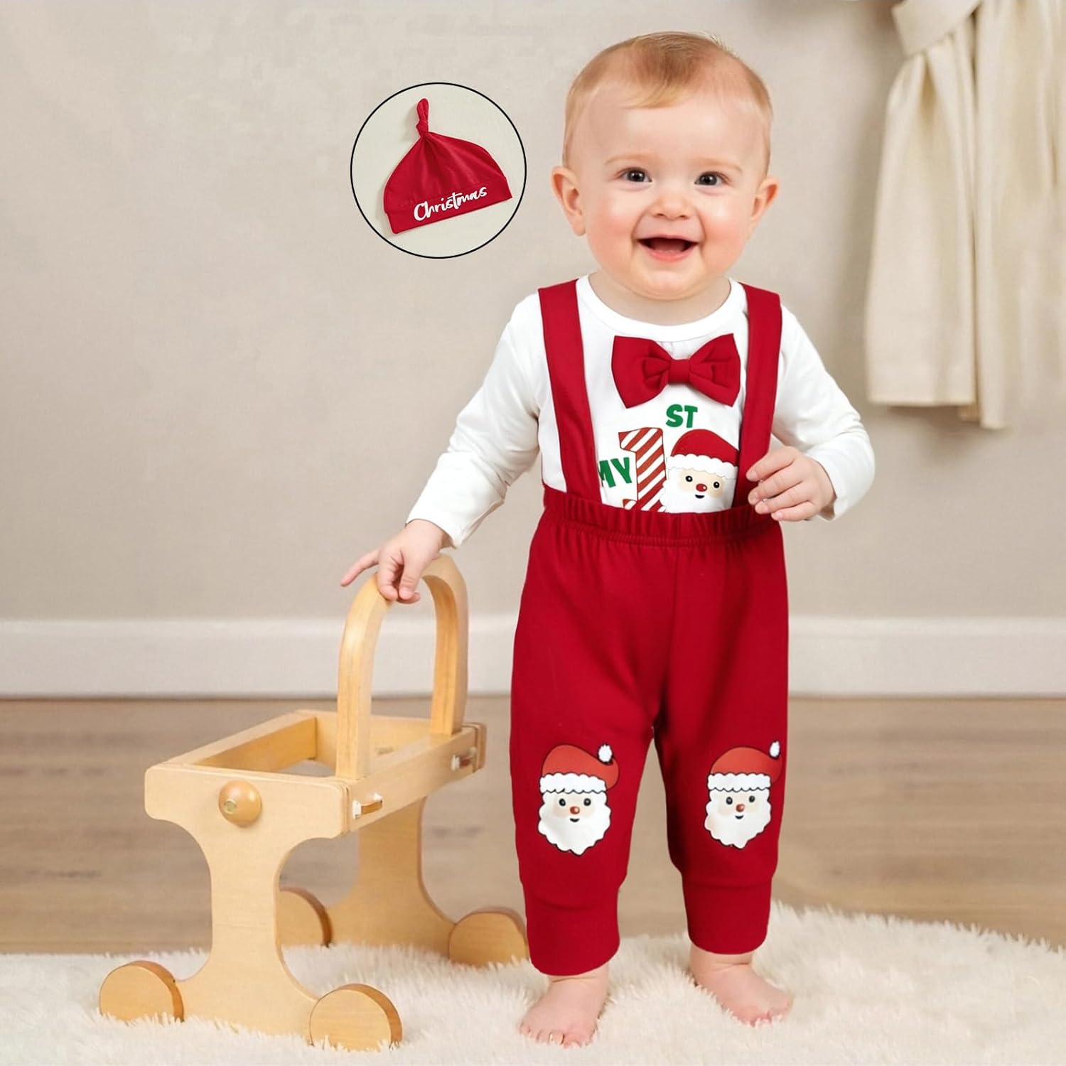 Karuedoo My 1st Christmas Baby Boy Outfit Letter Print Long Sleeve Bowtie Romper Suspender Pants with Hat 3Pcs Clothes Sets - Image 3