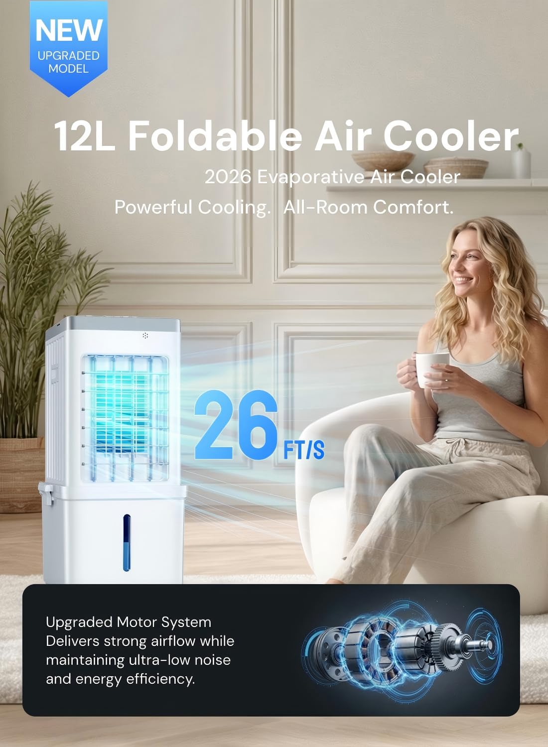 Portable Air Conditioner, 3-in-1 Evaporative Air Cooler Fan, 70W Space-Saving Design, 12L Water Tank, 3 Ice Packs, 3 Speeds, 120° Oscillation, 46dB Quiet, Pet-Friendly Cooling for Home （Breloniste®） - 3