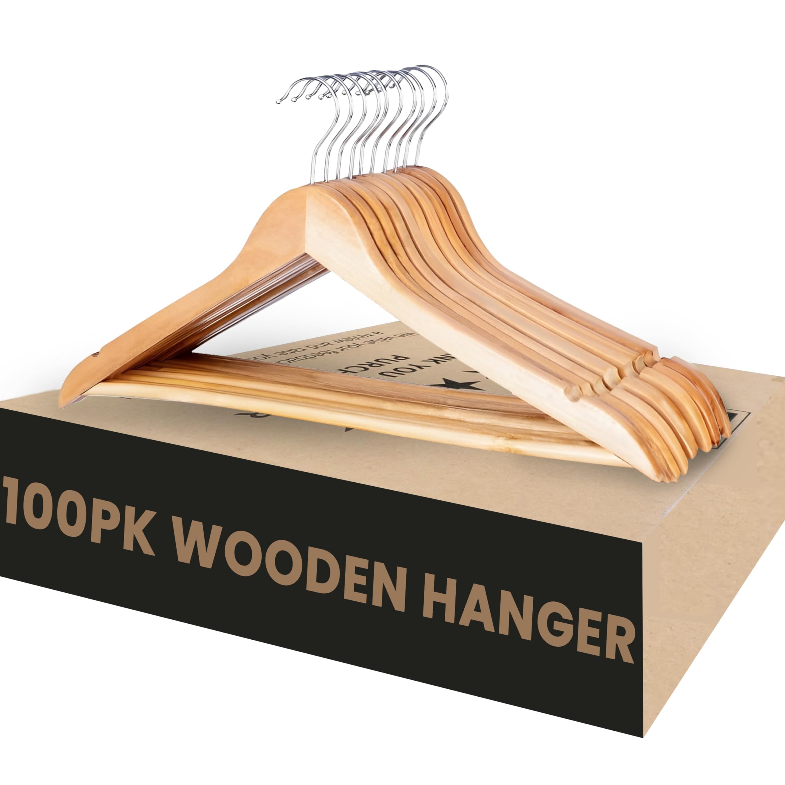 Aspect Brown Wooden Hangers Smooth Finish Natural Strong Wooden Coat Hangers With Non Slip Pants Bar For Wardrobe Space Saver, 360° Swivel Hook And Precisely Cut Notches For Clothes (100)