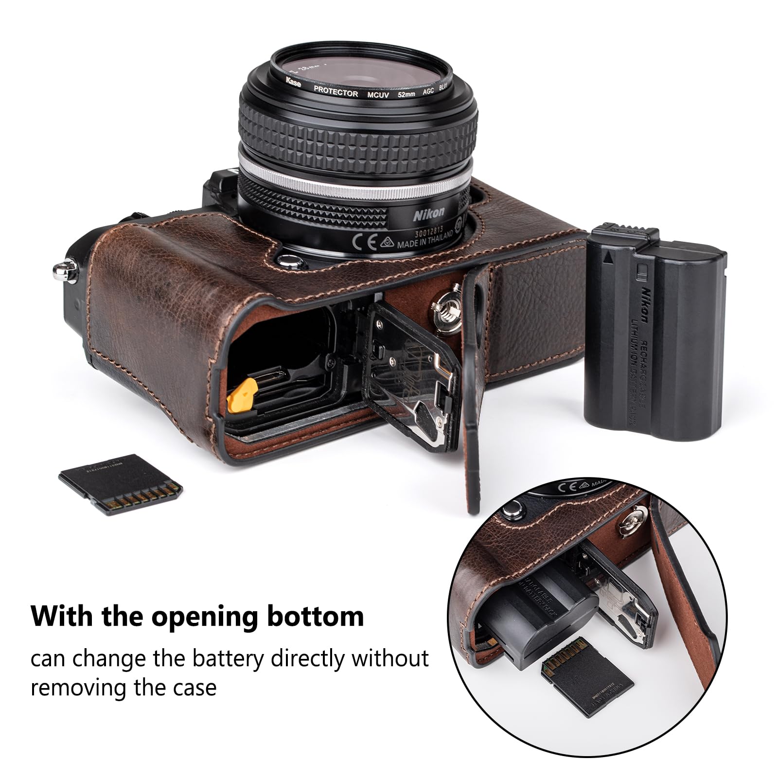 Custodia In Vera Pelle Per Nikon ZF – Mezza Custodia Con Apertura Inferiore E Cinghia Da Polso (Nera)