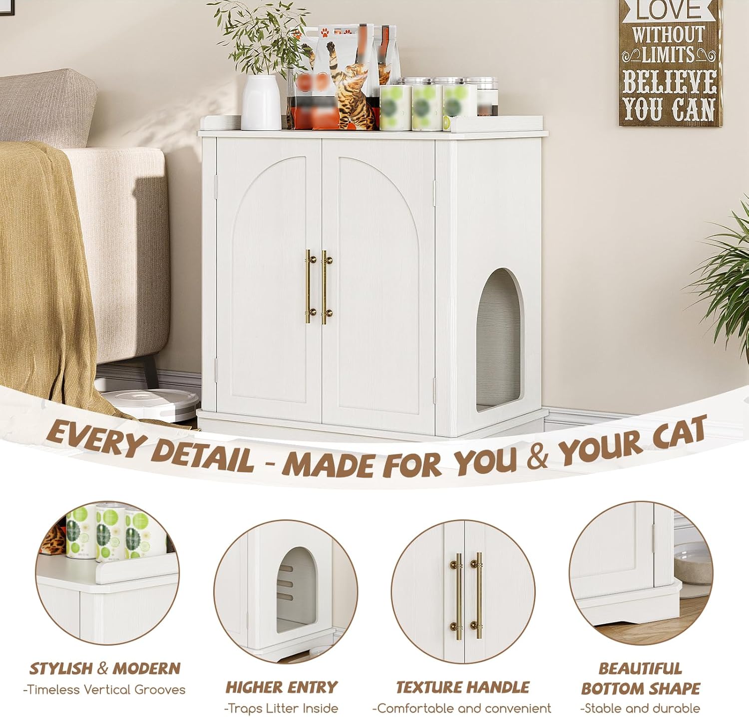 Halitaa Cat Litter Box Enclosure Furniture, Hidden Litter Box Furniture with Removable Dividers, Reversible Entrance Can Be on Left or Right Side, for Hallway, Living Room, White, 31.4" L