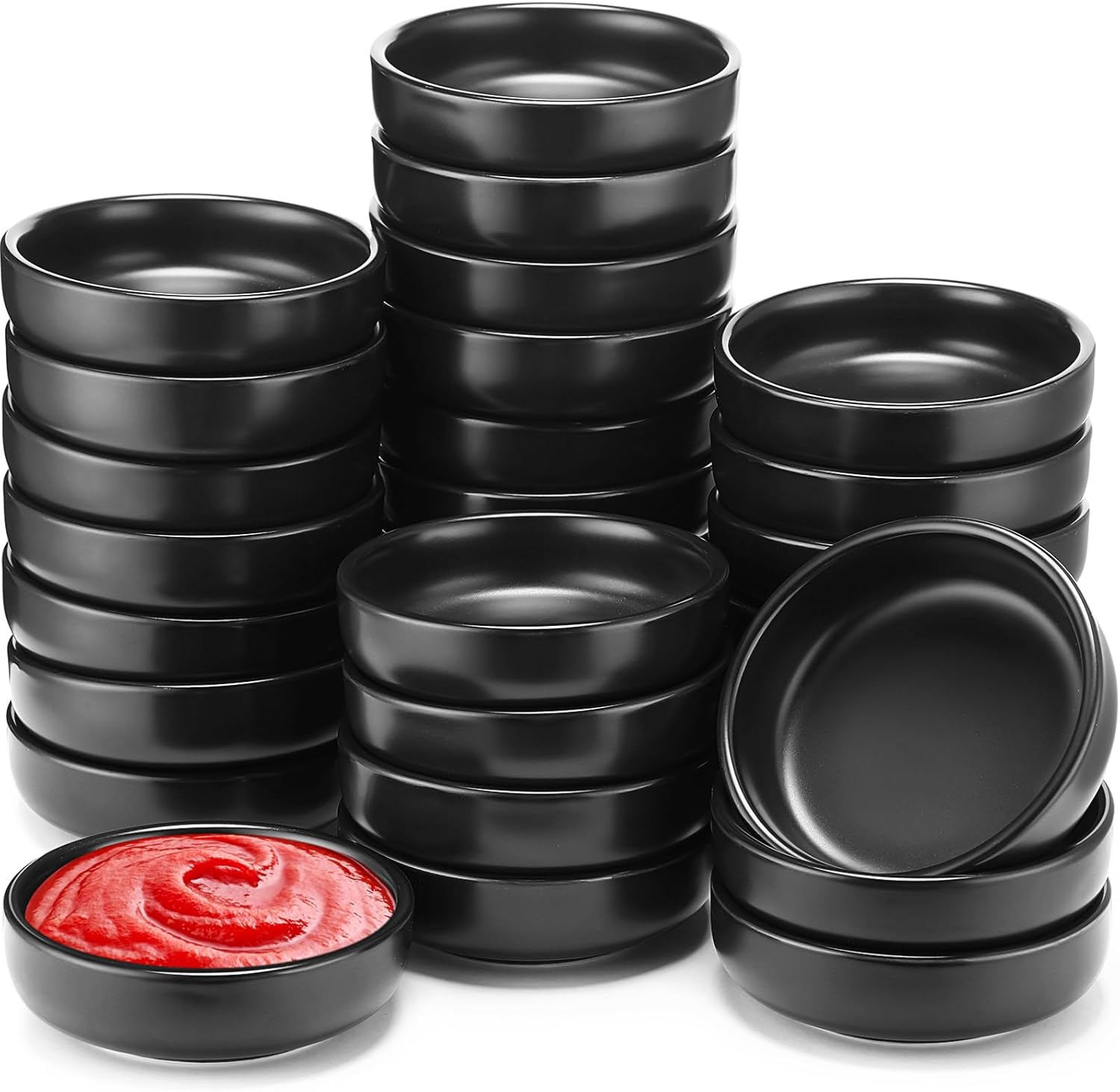 Roshtia 30 Pieces Ceramic Soy Sauce Dish 3.5 Inch Porcelain Dipping Bowls 3oz Multipurpose Small Bowl Mini Serving Dinnerware for Pinch Seasoning Appetizer Soy Sushi(Matte Black)