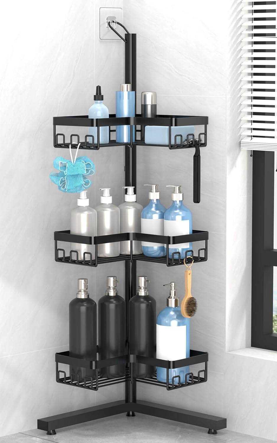 KEGII Standing Shower Caddy Corner, 3 Tier Adjustable Shelves Rustproof Floor Shower Organizer with 18 Hooks and Adjustable Feet, Bathroom Corner Shelf Rack, Black