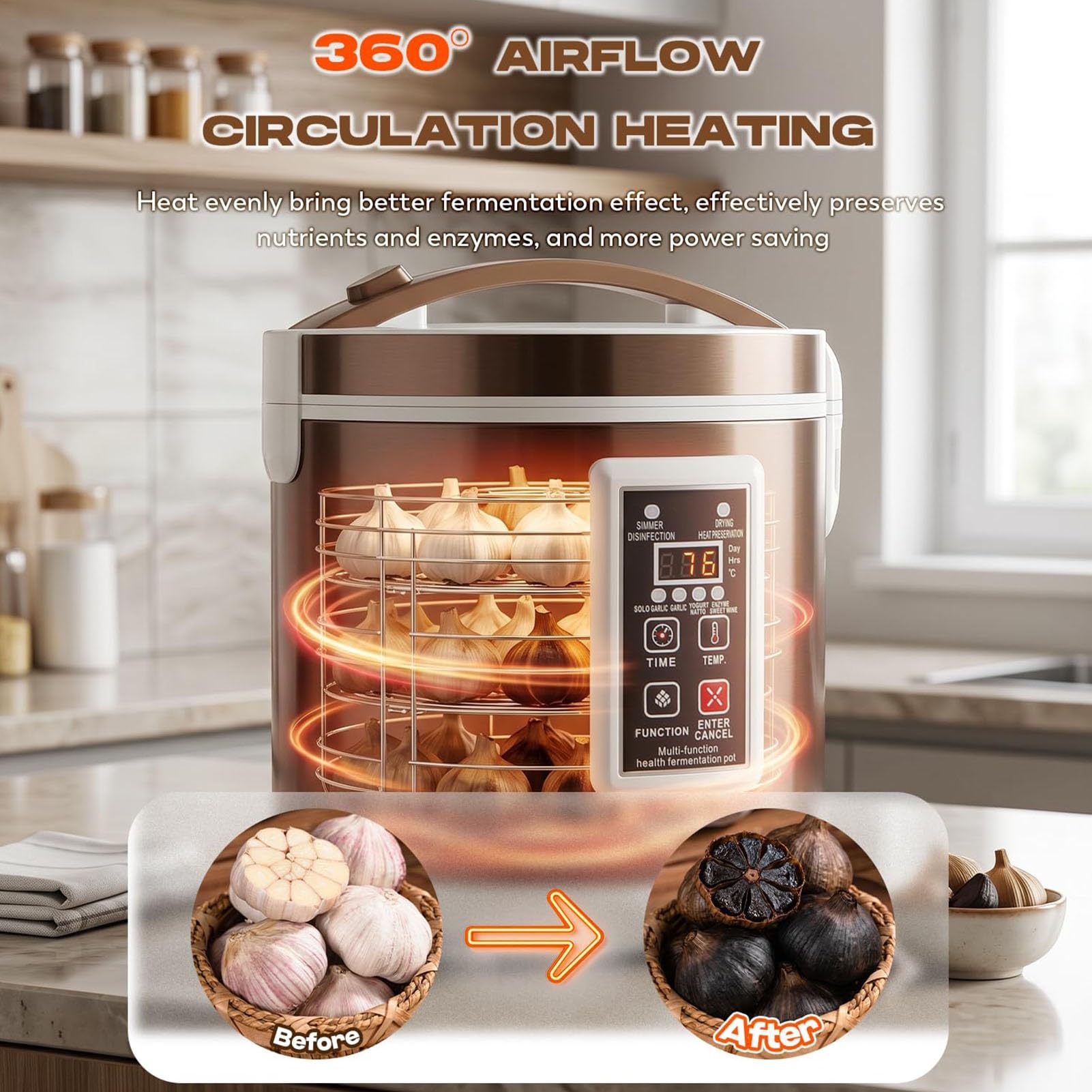 Fermentador Ajo Negro 7,5L,Interior Acero Inoxidable,Control Inteligente