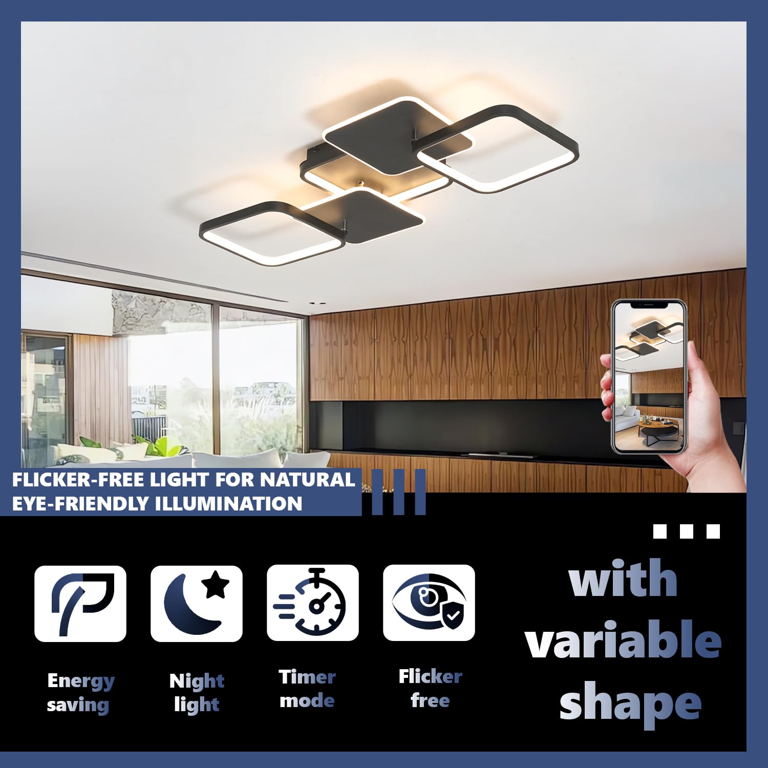 Kreative LED Deckenleuchte Dimmbar Deckenlampe Wohnzimmer Schlafzimmerbeleuchtung Mit Fernbedienung APP Decke Licht Moderne Variable Form Deckenbeleuchtung für Esszimmer Küche Büro (Schwarz, Quadrat)
