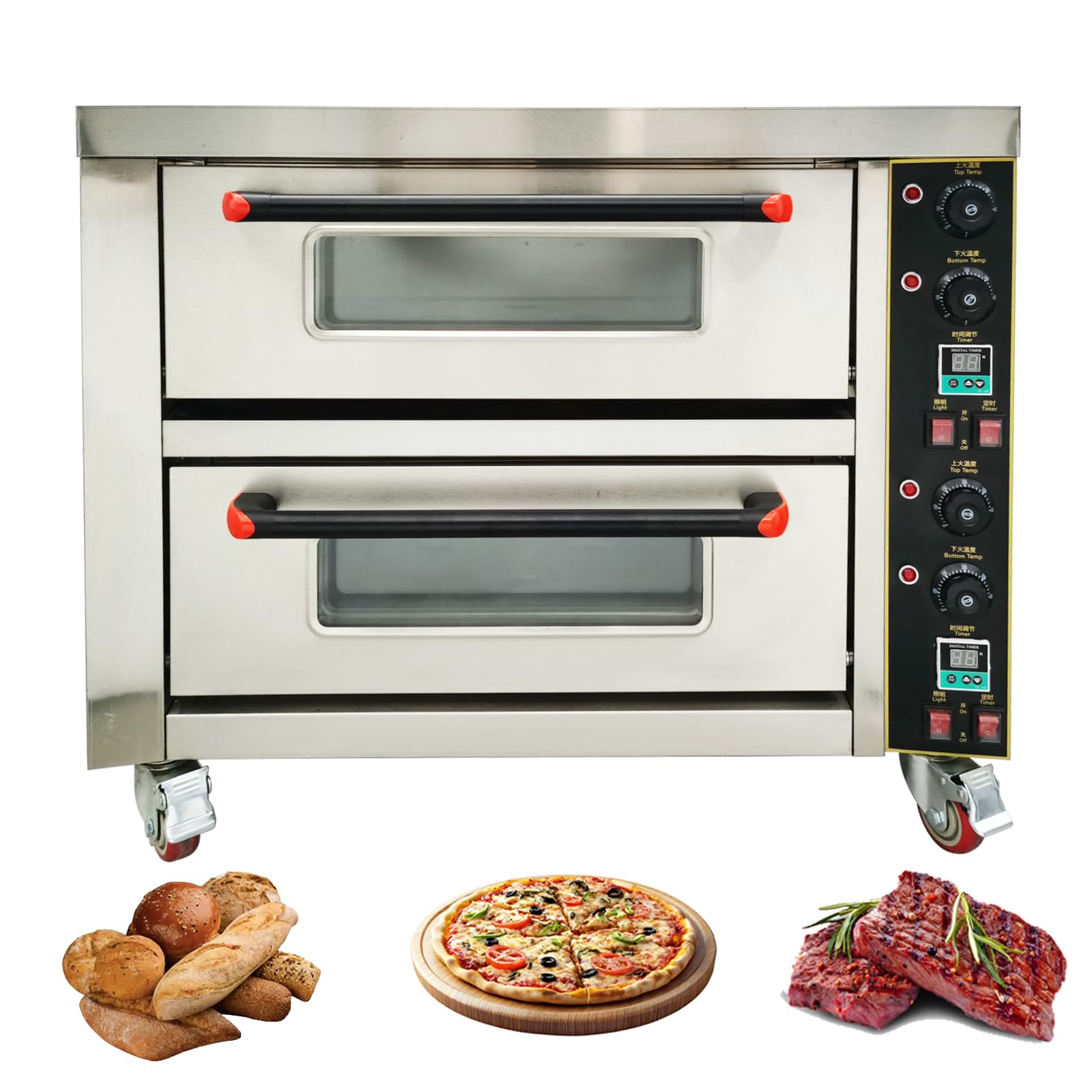 TECHTONGDA Commercial Electric Pizza Oven 6.4KW Stainless Steel Movable Double-decker Pizza Oven Independent Temperature Control 20?-350? Single Phase 220V