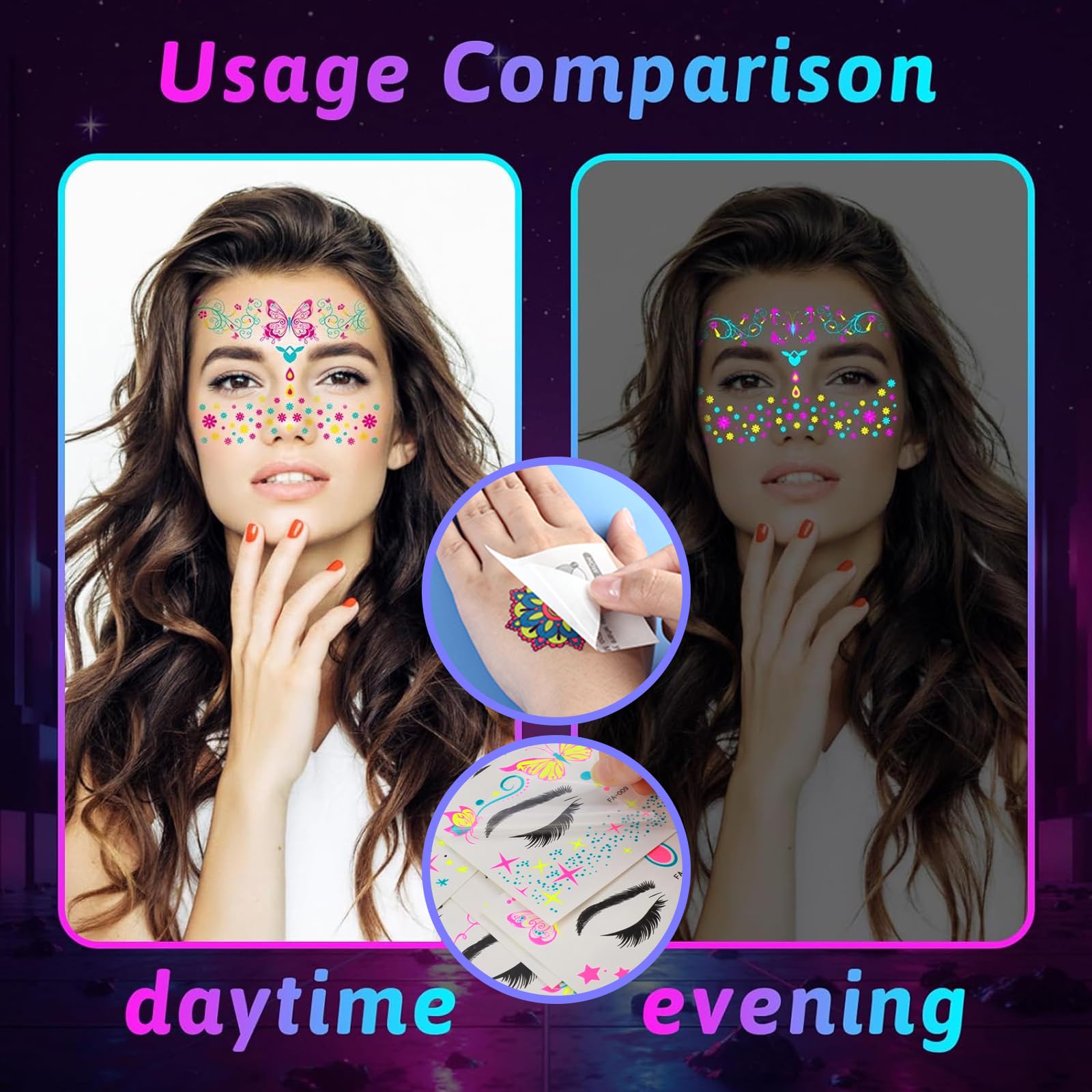 Eowppue 10 Pcs Face Tattoo, Glow in The Dark Tattoos, Temporary Face Stickers, Rave Accessories, Festival Accessories - Image 3
