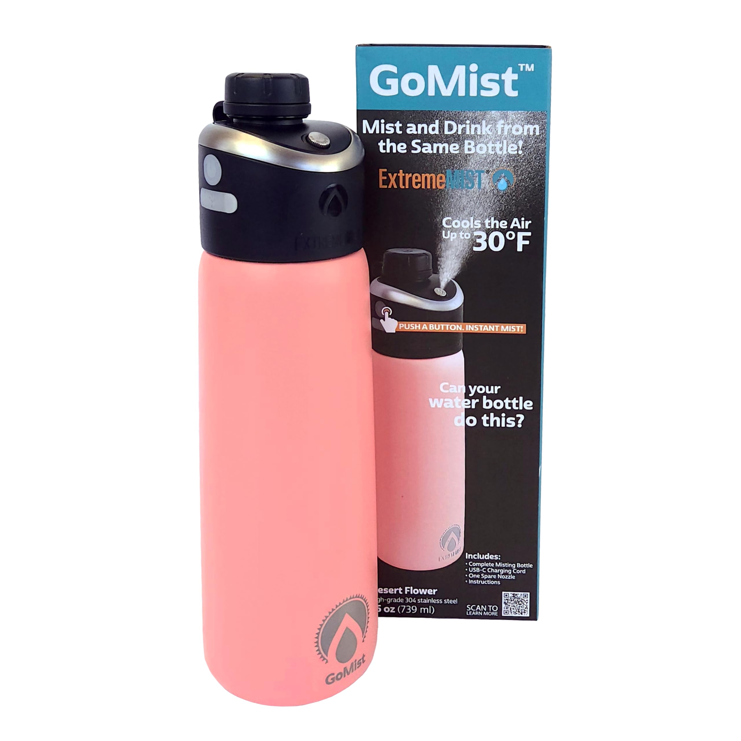 GoMist Misting & Drinking Bottle | Rechargeable Mist & Sip Water Bottle | Quick Charge USB-C Port | 2-Speed Mist Function | Stainless-Steel Double