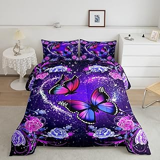 Manfei Butterfly Comforter Set King Size, Purple Pink Rose Flower Bedding Set 3pcs for Kids Boys Girls Bedroom Decor, Botanical Floral Quilt Set Soft Polyester Duvet Set with 2 Pillowcases