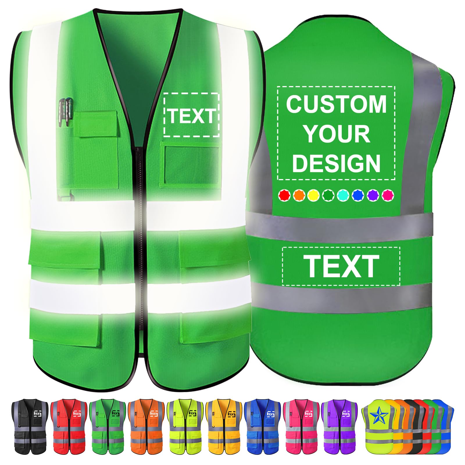 Custom Safety Vest Men Women High Visibility Reflective Personalised Logo Hi Vis Vests Pockets Zipper Construction Work,S-5XL