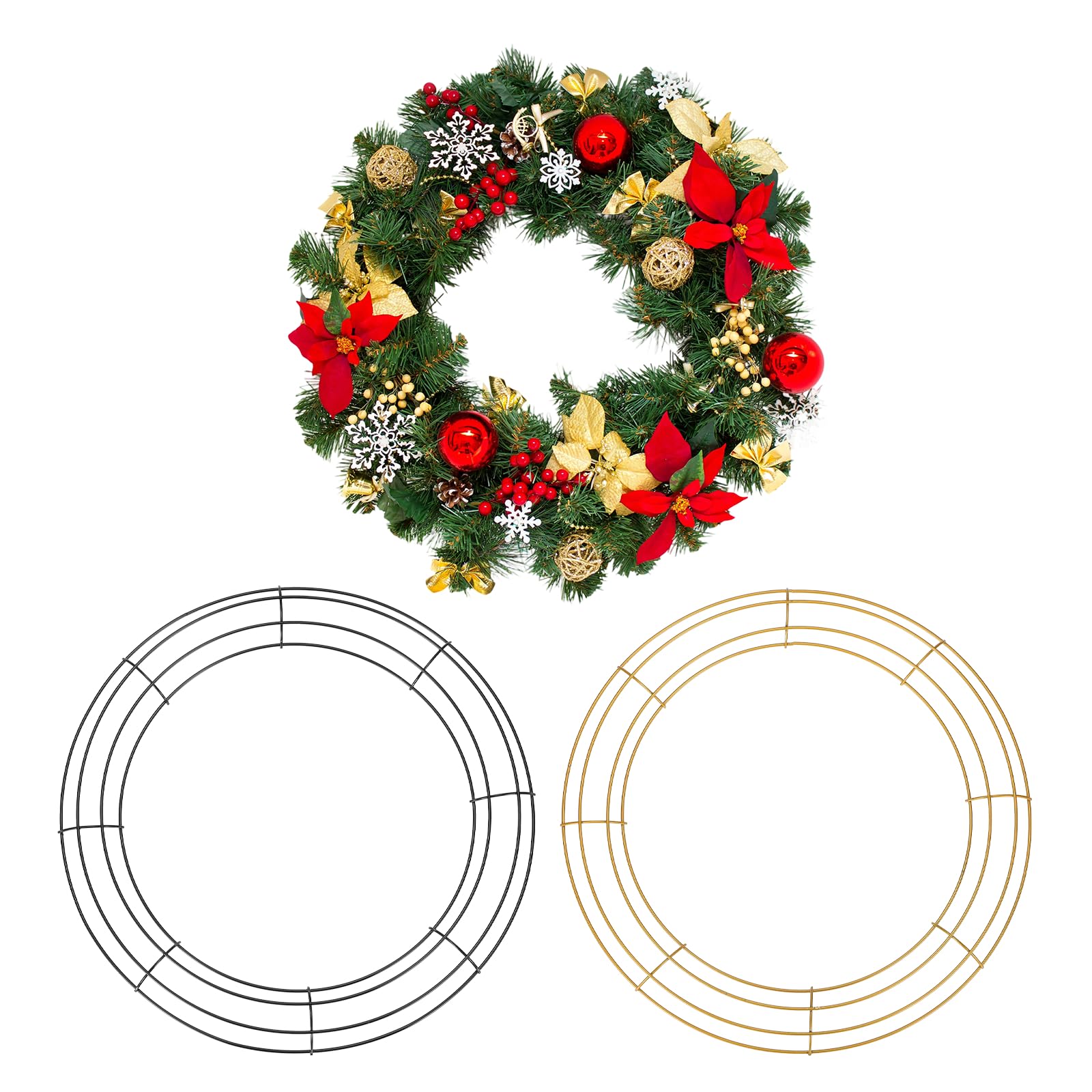 QUARKZMAN 2 Pcs Cadres De Couronne en Fil Métallique De 16 Pouces Cadres Ronds en Fil Métallique pour Arrangements Floraux, Fournitures De Couronne DIY Automne Noël Thanksgiving, Noir/Doré