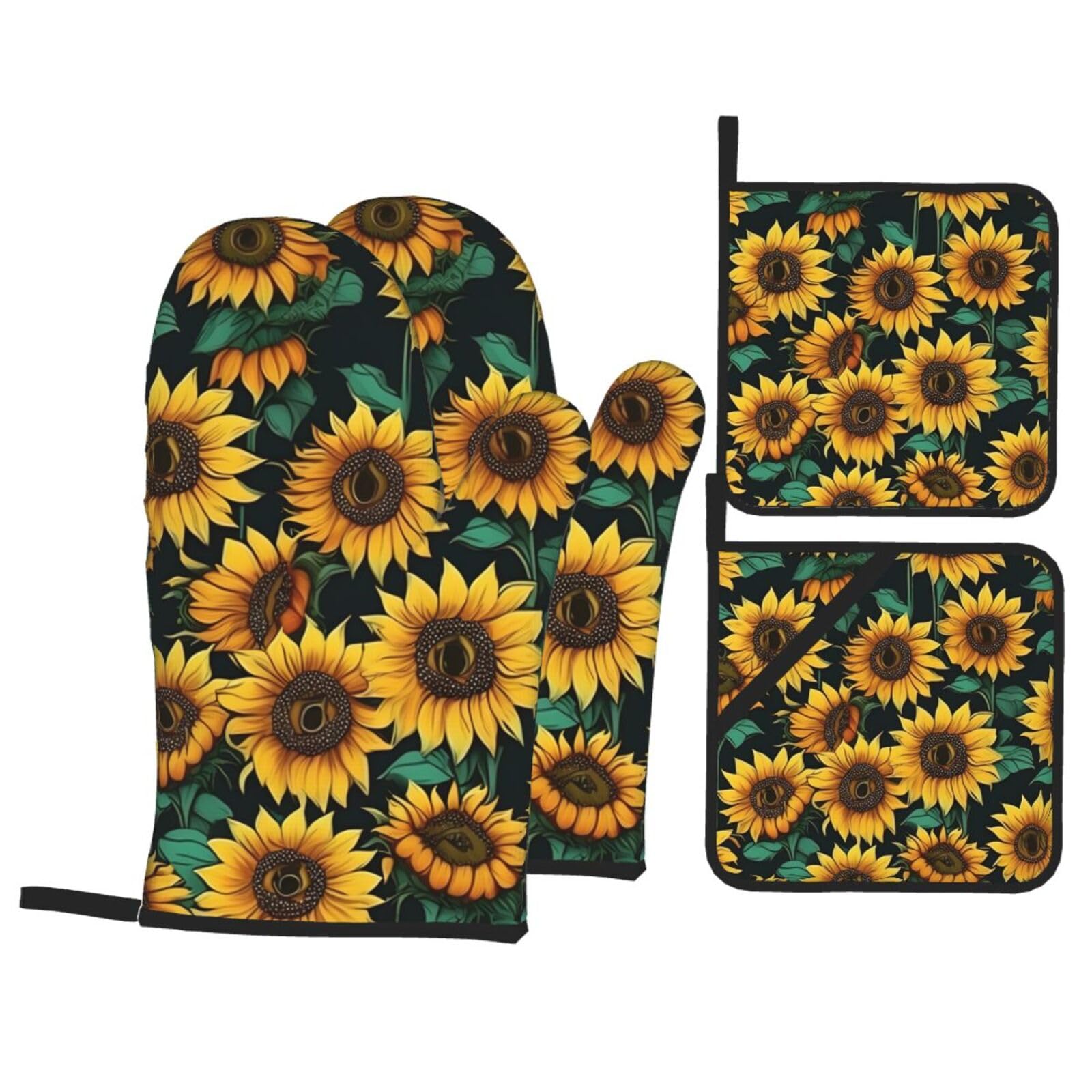 Sunflower Print 4-Piece Heat-Resistant Oven Waterproof Kitchen Gloves Cooking Roasting Essential