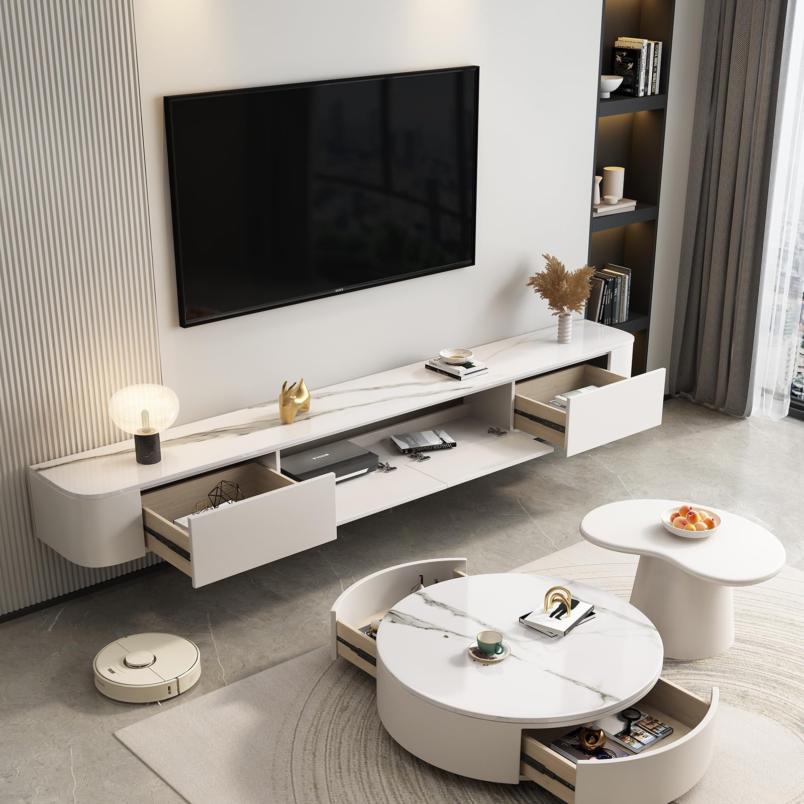 Wisząca szafka pod telewizor, pływająca szafka pod telewizor, czarna szafka ścienna z litego drewna z 2 szufladami, elegancki i wiszący design, półka do przechowywania do salonu lub sypialni (tekstura