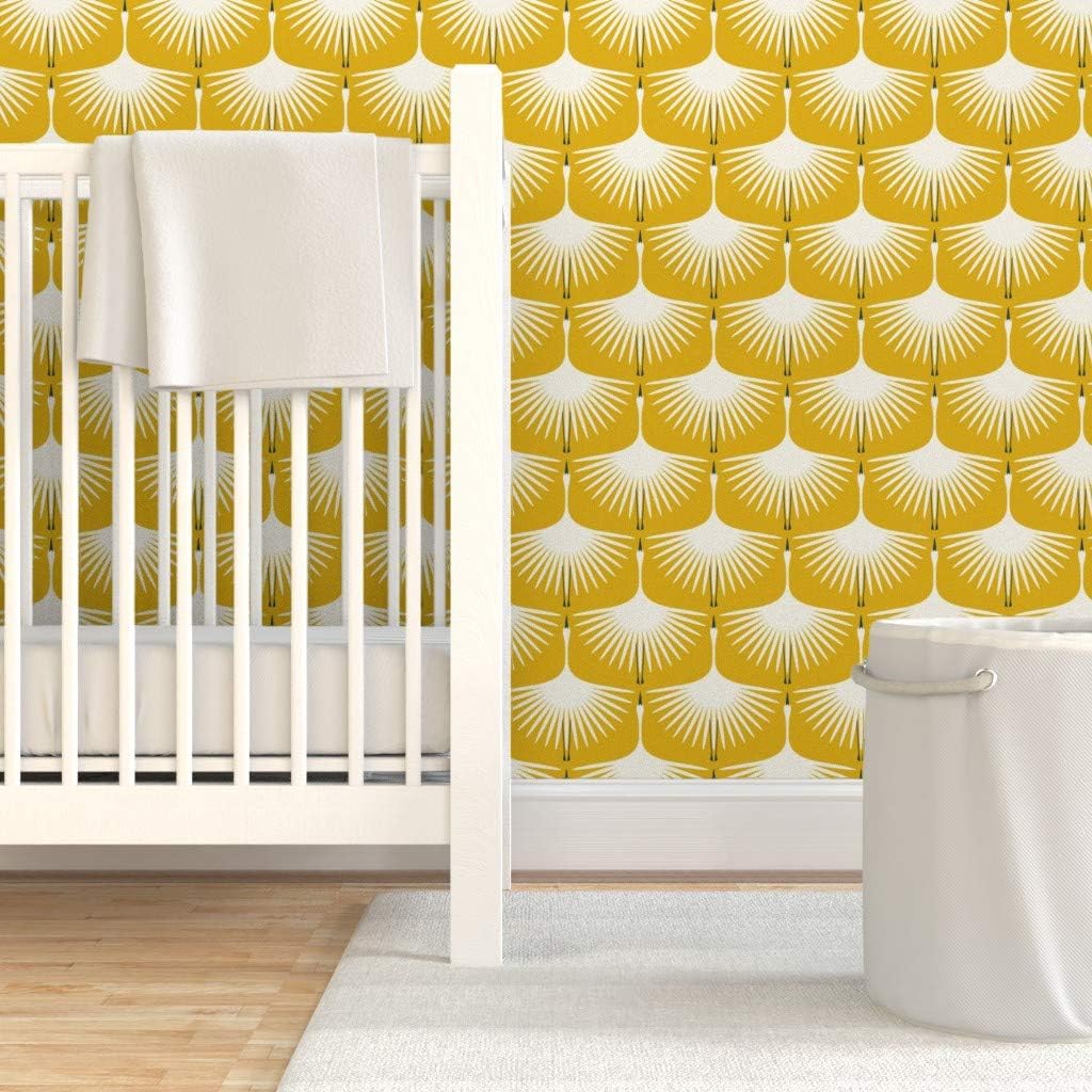 Removable Wallpaper 3ft x 2ft - Art Deco Golden Yellow Traditional Swan Custom Pre-Pasted Wallpaper by Spoonflower