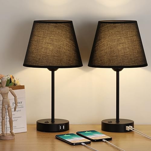 Lámpara de mesa, juego de 2 lámparas de noche con puertos de carga USB duales, luz de mesita de noche moderna perfecta para dormitorio, sala de