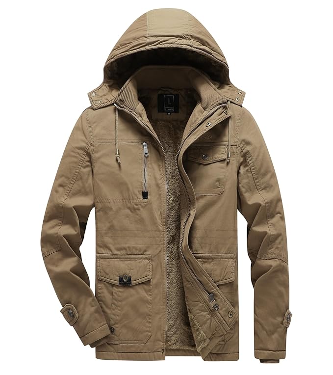 L'MONTE Men's Winter Cotton Cargo Jacket – Fleece Lining, Detachable Hood, Stand Collar and Ribbed Cuffs – Warm and Stylish Parka for Harsh Cold Weather