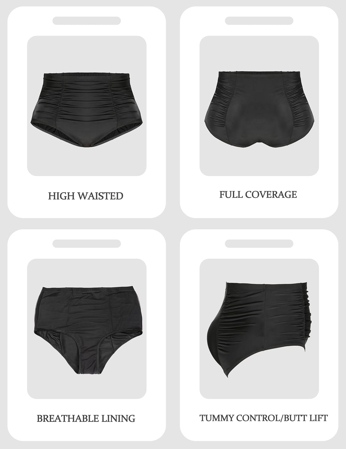 Women Plus Size Ruched High Waisted Black Bikini Bottoms Full Coverage Swimsuit Bottom Tummy Control Swim Bottoms L - Image 6