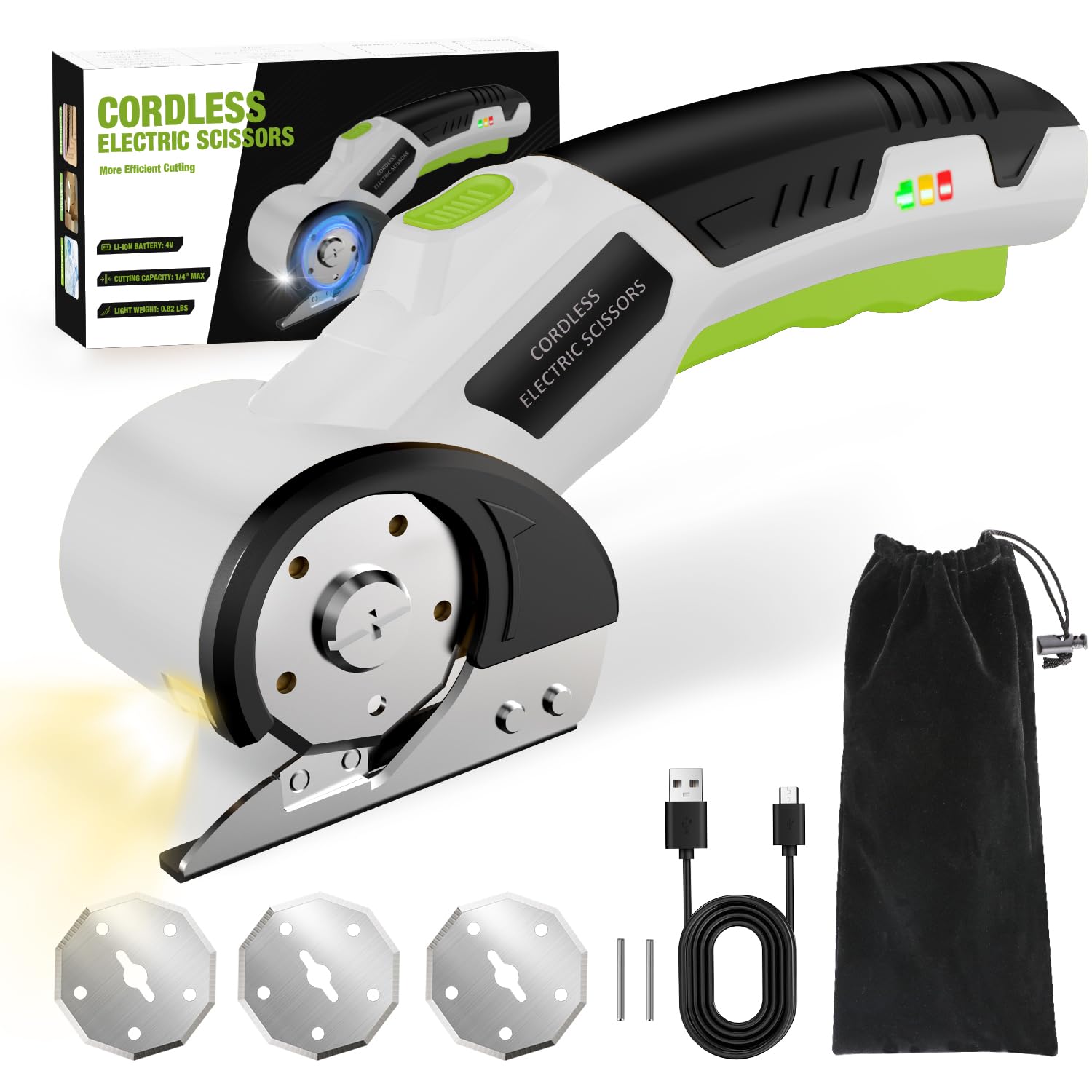 Cordless Electric Scissors,4V Rechargeable Cardboard Cutter Heavy Duty Scissor with Safety Lock &amp; LED Light for Box Carpet Plastic Fabric(White)