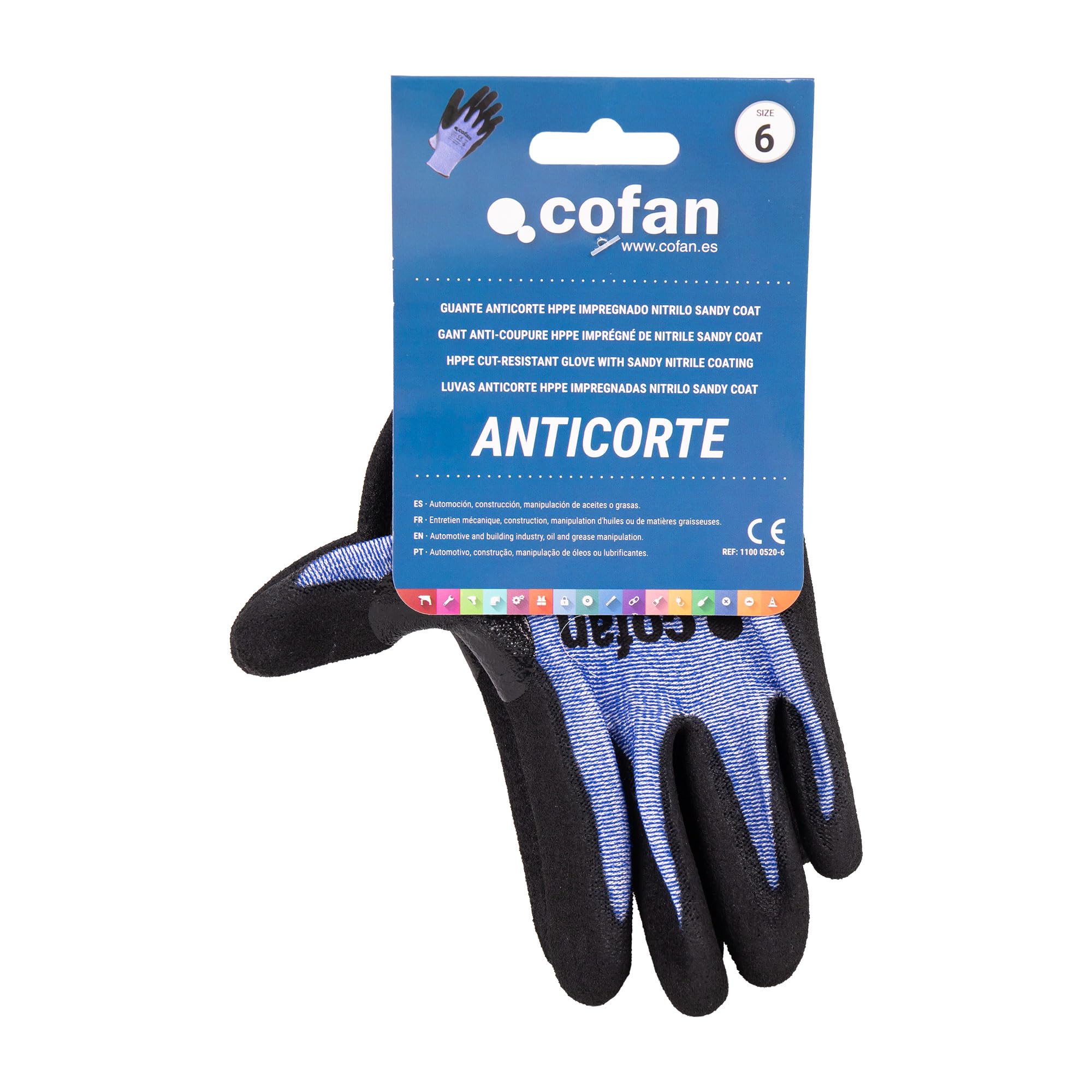 Cofan Guantes Anticorte HPPE Nitrilo Sandy Coating, Agarre Seco y Húmedo, Pack de 12 Pares de Guantes, De Conformidad con EN 388:2016, Nivel F, Galga 13, Talla 6 hasta la 11 (12, Talla 6)