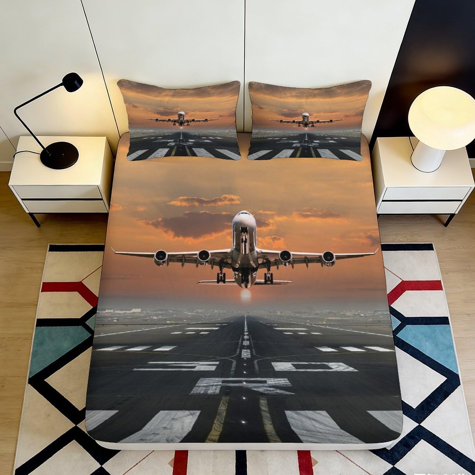 3D Printed Airplane Runway Fitted Sheet Microfiber Soft Breathable Sunset Flight Bed Cover for Bedroom Dormitory Guest Room Mattress Protection Decor 120x200x25cm
