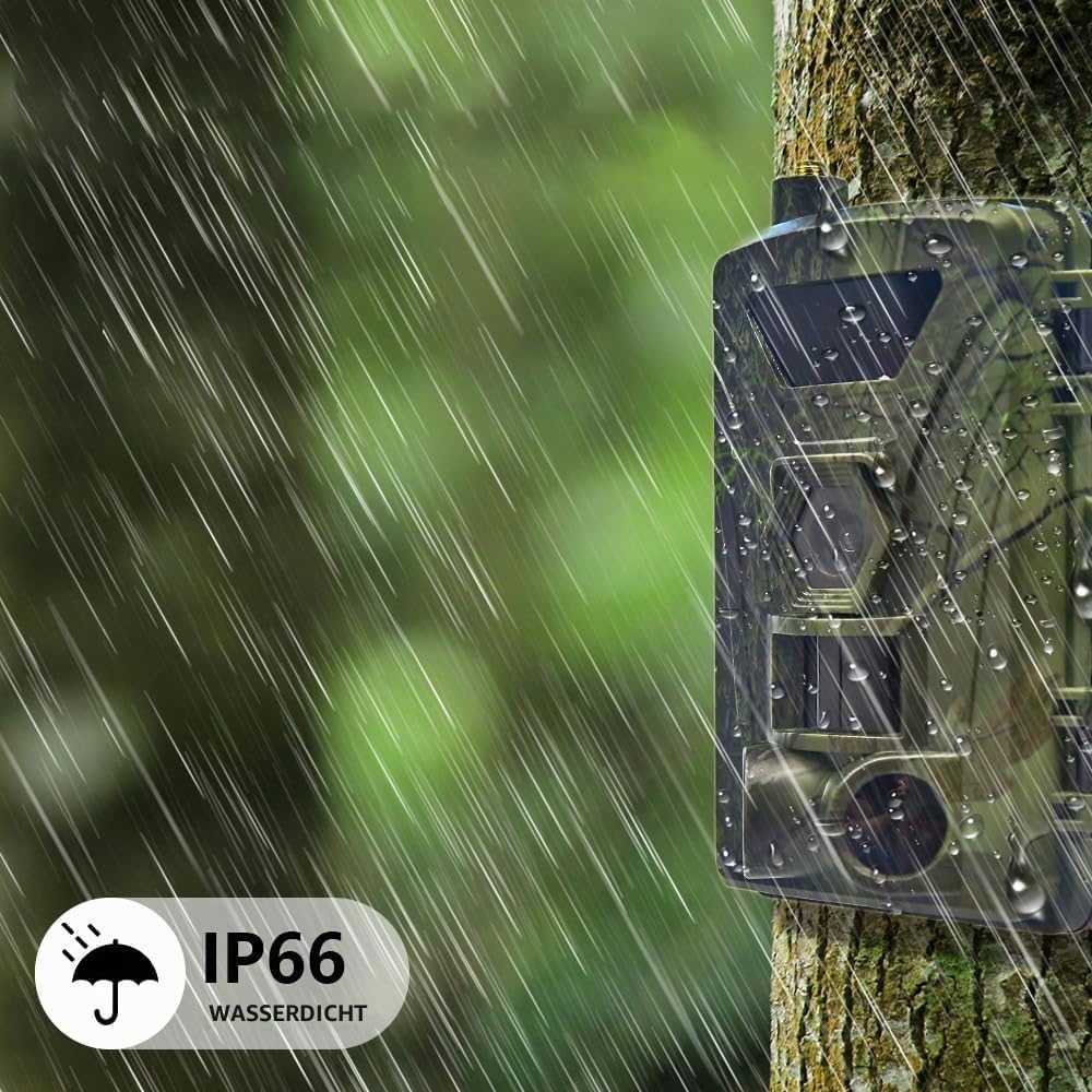 PR802G X50 4G LTE Wildkamera mit SIM-Karte und App, 60MP 4K H.265 Video, No Glow Nachtsicht Bewegungsmelder, 4G Jagdkamera Wildtierkamera Handyübertragung, IP66 Fotofalle