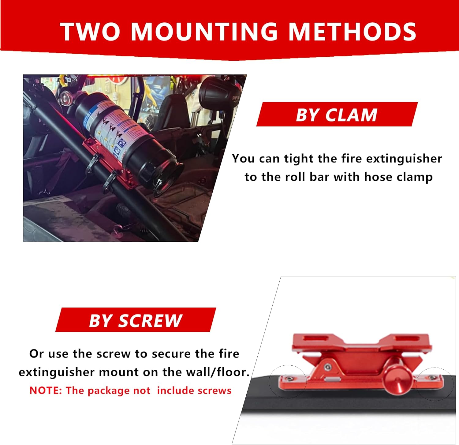 Quick Release Fire Extinguisher Mount - Aluminum Adjustable UTV Roll Bar Fire Extinguisher Holder Mounting Bracket Compatible with Jeep Wrangler TJ JK JL JKU Polaris RZR Ranger Can-Am X3, Red