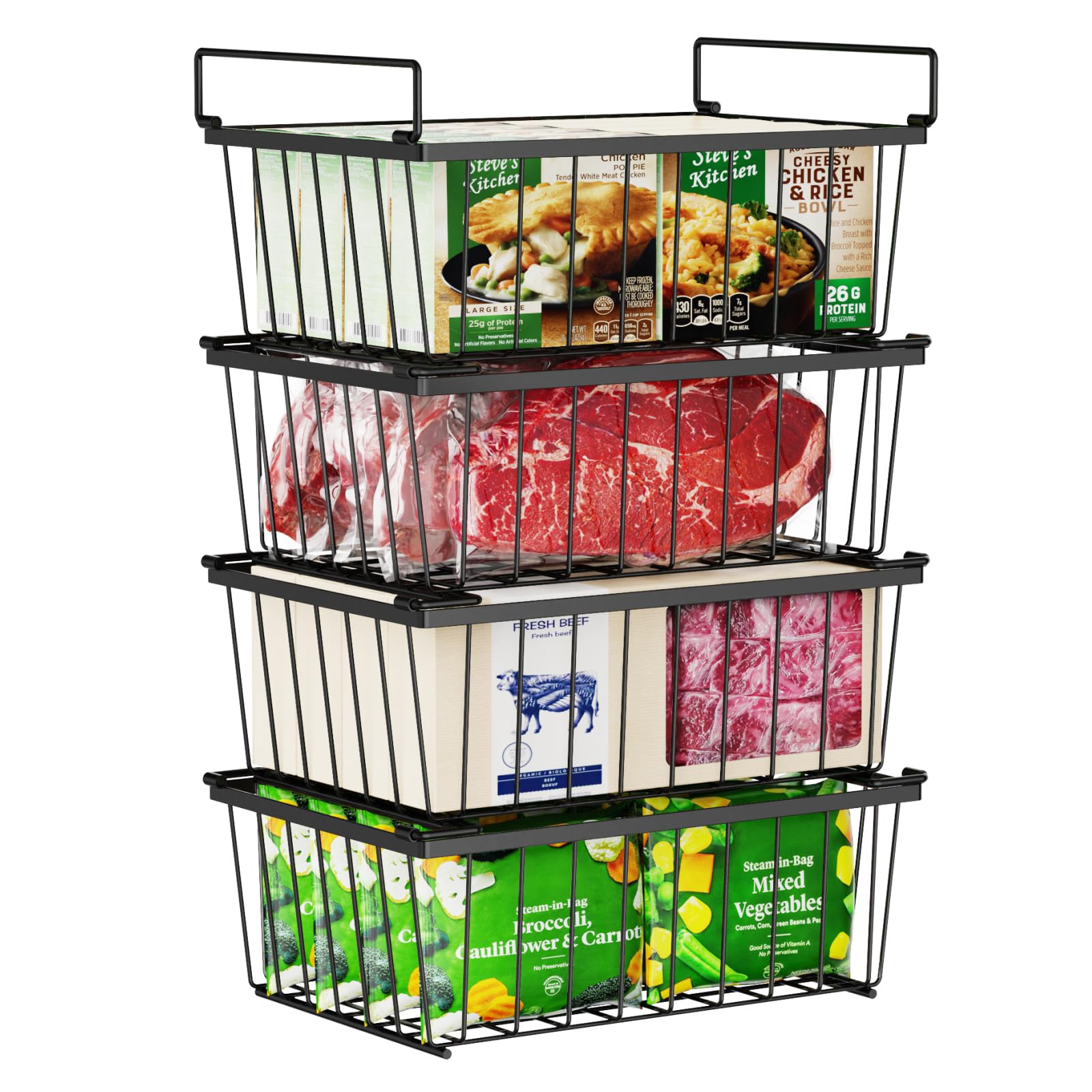 Chest Freezer Baskets - 4 Pcs Stackable Freezer Baskets for 142L Deep Freezers, Easy Get Food with Handles, Add Space and Allow Air Circulation for Better Freshness, Black
