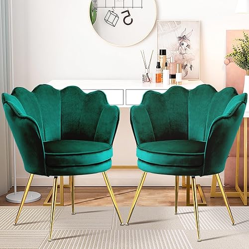Juego de 2 sillas decorativas para sala de estar, silla de tocador tapizada de terciopelo con respaldo, patas de metal dorado, silla auxiliar